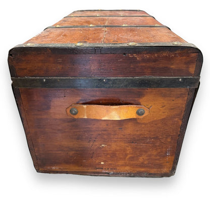 Antique Pine Map or Utility Chest Trunk w/ Iron & Leather Straps and Brass Nails28Lx15Wx14H