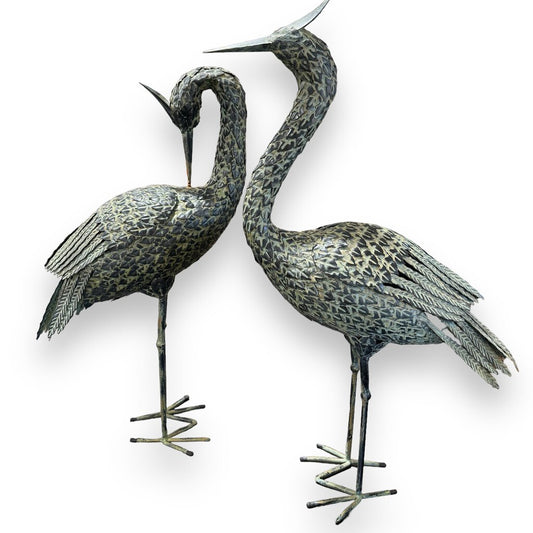 Pair of Walking Cranes Metal Art Bird Figurines 32" tall