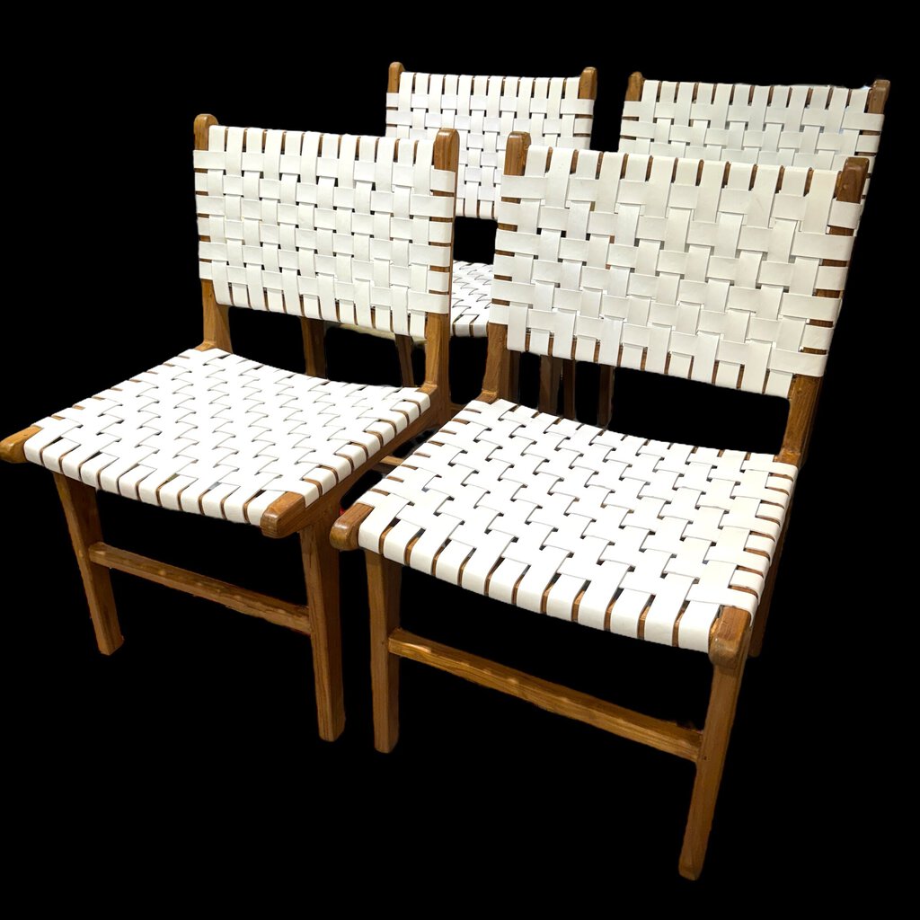 Gallagher White Leather Teak Dining Chairs (Set of 4) BRAND NEW, Out of the Box