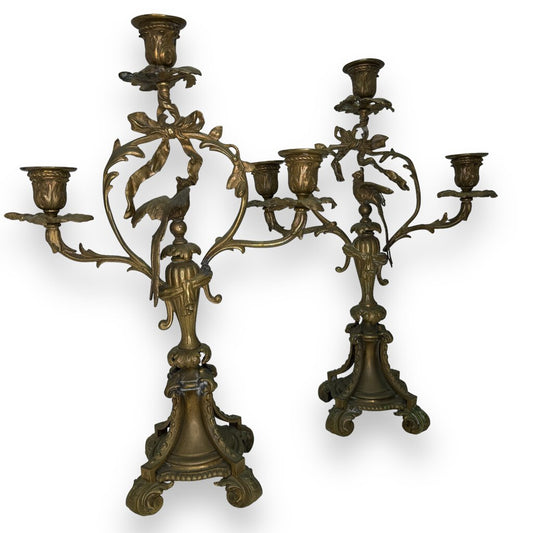 Pair of Antique Brass & Gold Bird Candelabra's 10"Lx 4"Wx14.5"L