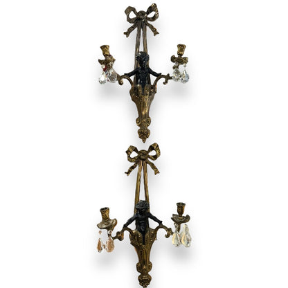 Pair of Cherub Gold Gilded Metal Candelabra W/Bows Circa 1940 12"Lx6"Wx22"H