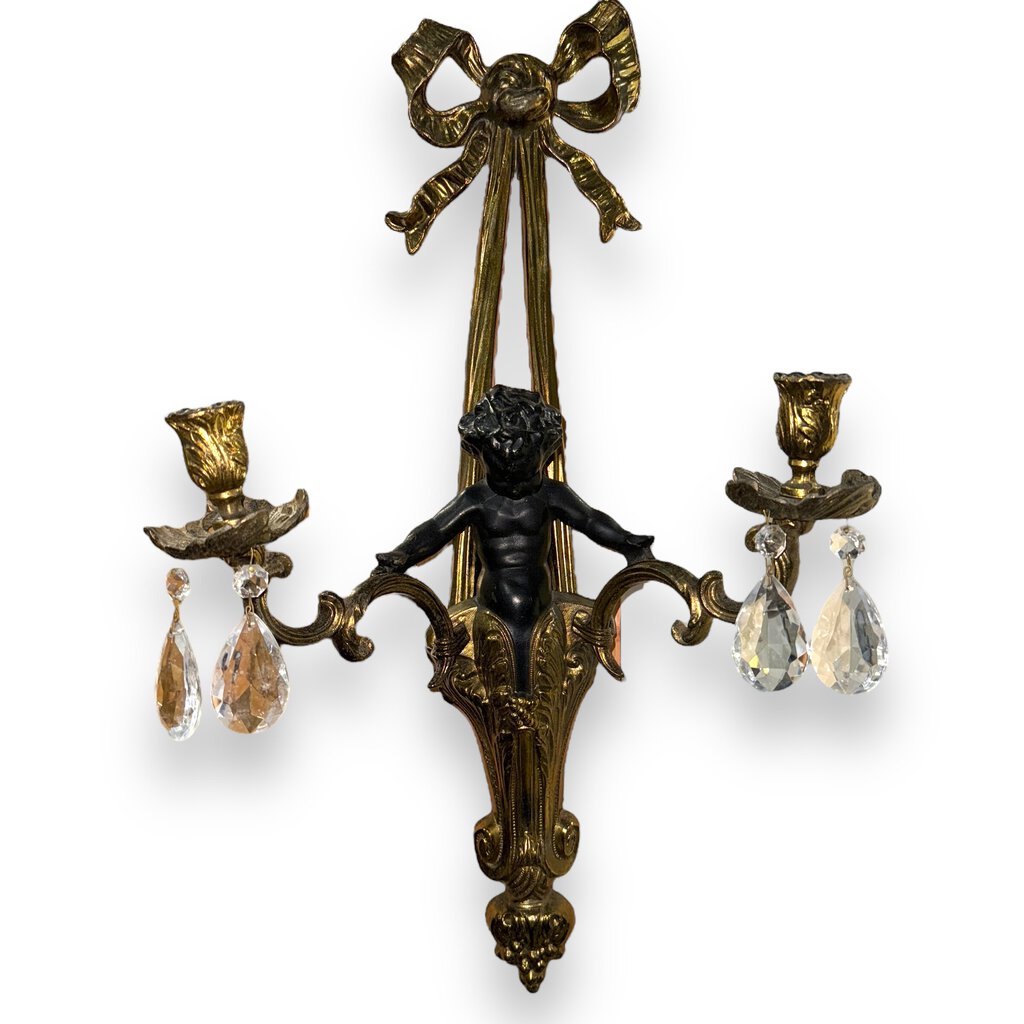 Pair of Cherub Gold Gilded Metal Candelabra W/Bows Circa 1940 12"Lx6"Wx22"H