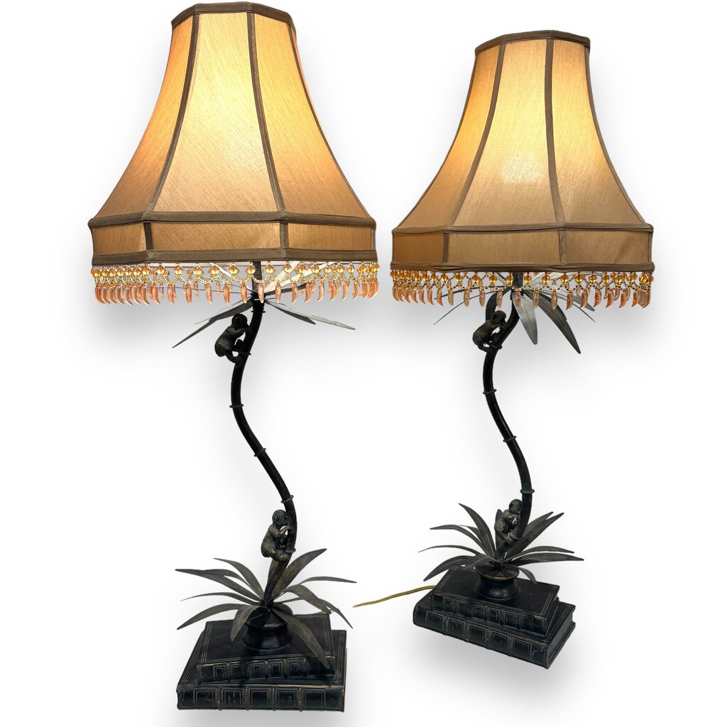 Pair of Vintage Maitland Smith Palm Tree Monkey Lamps w/ Banana Tassel Shades 36" tall