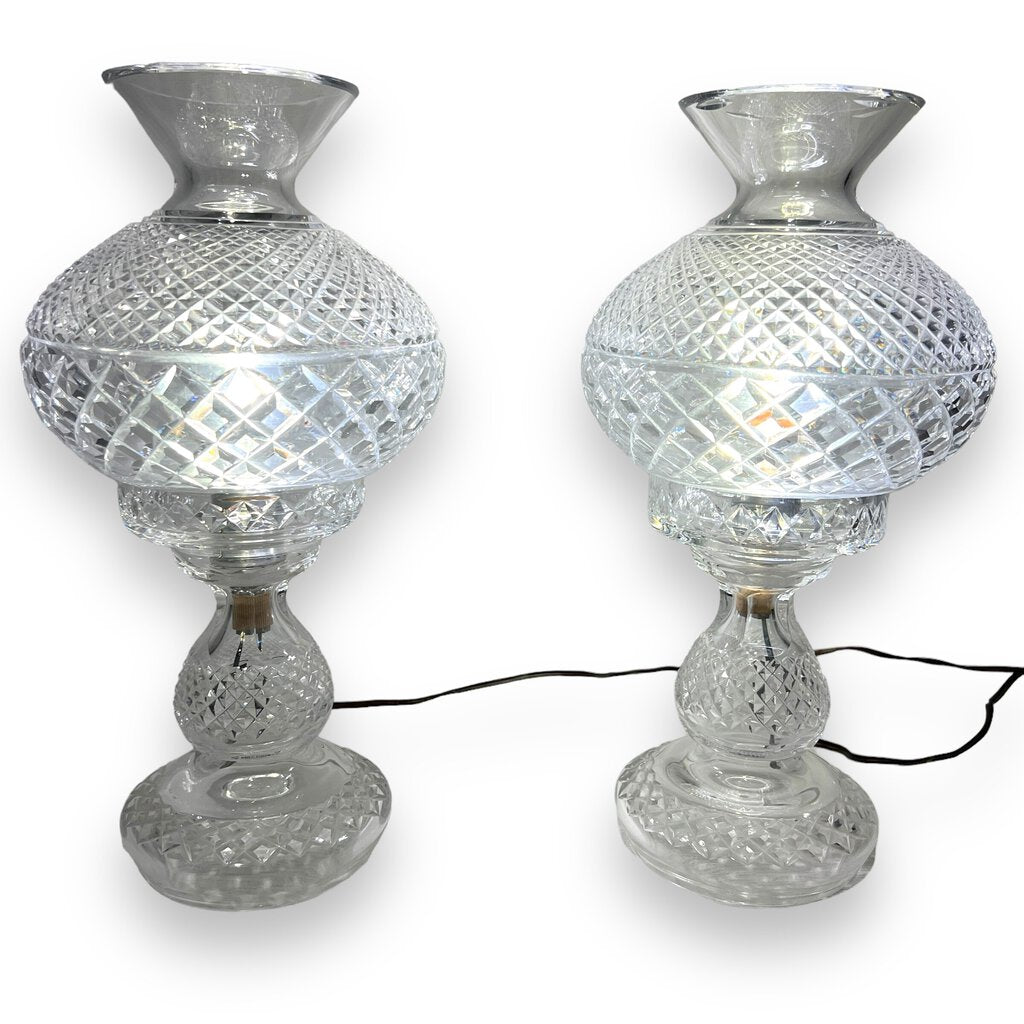 Vintage 1950's Waterford Crystal Inishmaan Hurricane Lamps 14" tall (pair)