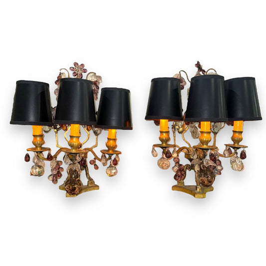 Pair of Maison Bagues Bronze Lamps / Girandoles w/ Murano Crystal Fruits 15" tall