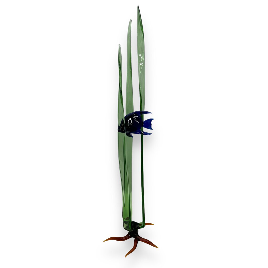 "Still Tropics 2" Single Cobalt Blue Tropical Fish in Three Blades of Seagrass 18" (PAIR AVAILABLE)