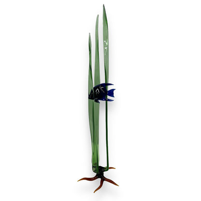 "Still Tropics 2" Single Cobalt Blue Tropical Fish in Three Blades of Seagrass 18" (PAIR AVAILABLE)