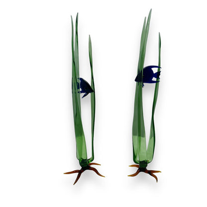 "Still Tropics 2" Single Cobalt Blue Tropical Fish in Three Blades of Seagrass 18" (PAIR AVAILABLE)