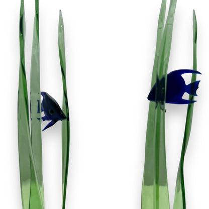 "Still Tropics 2" Single Cobalt Blue Tropical Fish in Three Blades of Seagrass 18" (PAIR AVAILABLE)