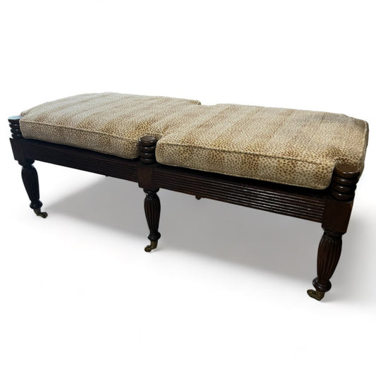 William IV Style Carved Mahogany Window Bench on Brass Casters Leopard Upholstery