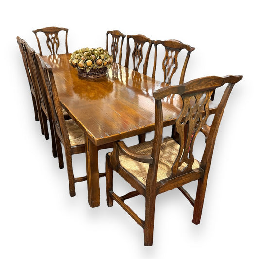 European Solid Wood Rustic Dining Table w/ 8 Carved Dining Chairs w/ Rush Seating 98Lx39Wx30H