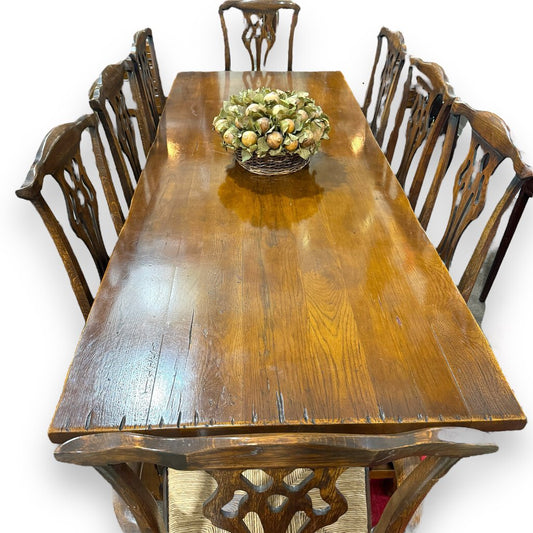 European Solid Wood Rustic Dining Table w/ 8 Carved Dining Chairs w/ Rush Seating 98Lx39Wx30H