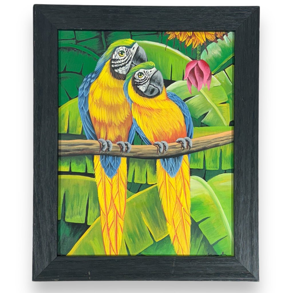 Blue-and-Yellow Macaws in Costa Rican Jungle Framed Oil on Canvas signed by Native Costa Rican Artist from Zukia Art Gallery 14Lx17H