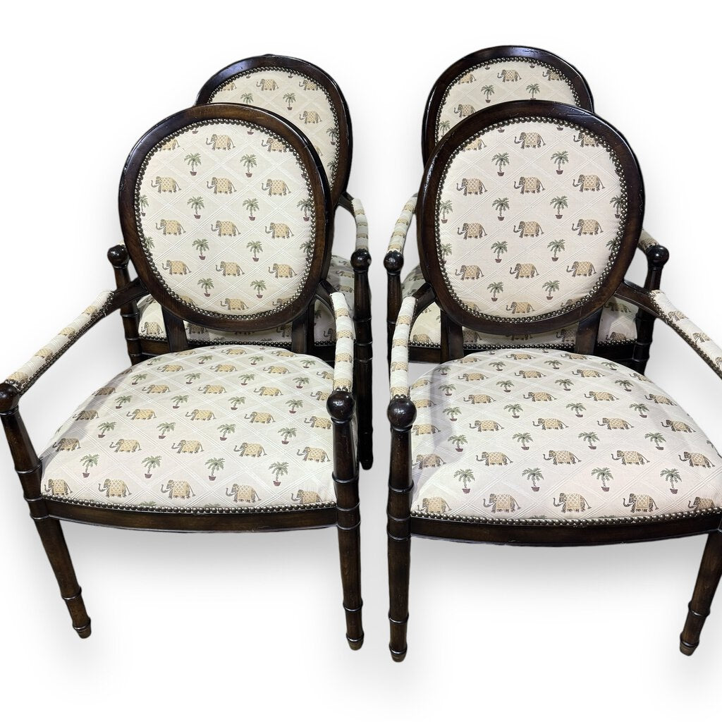 Milling Road / Baker Furniture French Provincial Louis XVI Carved Walnut Fauteuil Chairs w/ Palm Tree & Elephant Upholstery - Set of 4