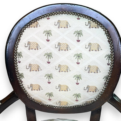 Milling Road / Baker Furniture French Provincial Louis XVI Carved Walnut Fauteuil Chairs w/ Palm Tree & Elephant Upholstery - Set of 4