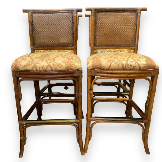 Rattan Bar Height Barstools w/ Tropical Upholstery (set of 4)