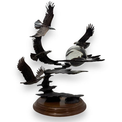 "Dawn of the Millennium" Bronze Eagle Sculpture w/ Crystal Sphere by: Ronald Van Ruyckevelt