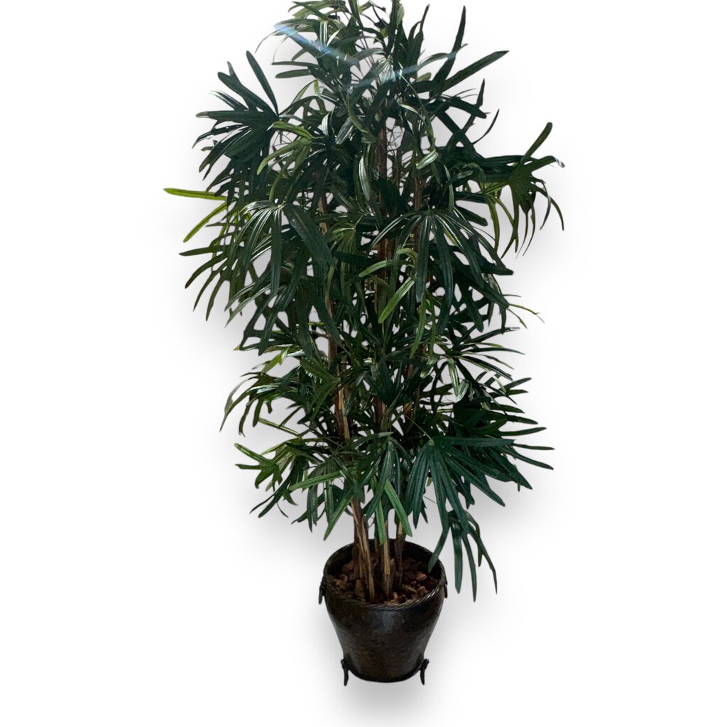 89" Artificial Raphis Palm Tree Plant in Decorative Metal Pot w/ Lion Heads