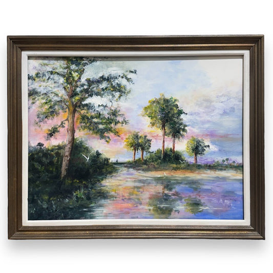 Signed Highwaymen Styled Old Florida Marshland Oil Painting on Board Italian Solid Wood Frame 40Lx32H