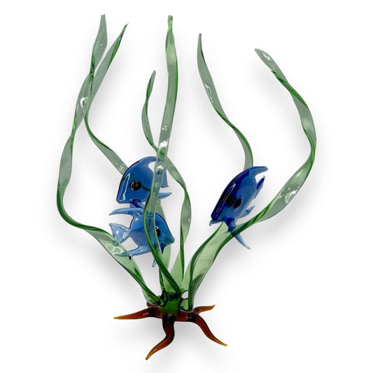 "Seagrass Trio" Three Cobalt Blue Fish in a Spiral Seagrass 8" tall