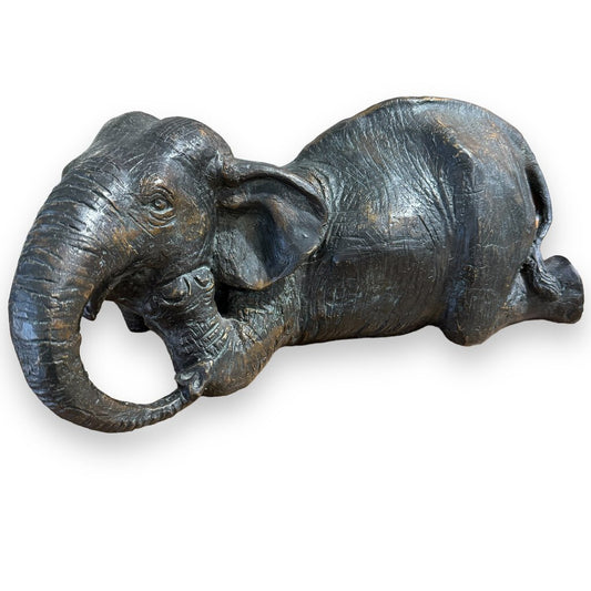 Vintage Maitland Smith Bronze Elephant Statue Kneeling Down w/ Leather Base 14Lx8Wx6H
