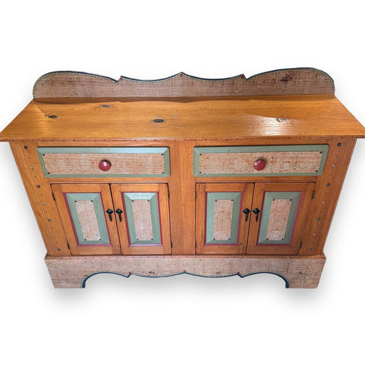 Rare Whimsically Decorated Hand Crafted Pine Buffet by David Marsh, Houston TX 2003 60Lx18Wx43H