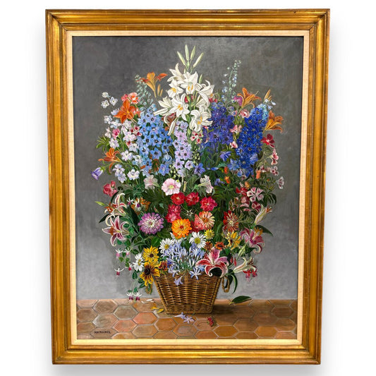 Large Still Life Floral Oil Painting by French Impressionists Marie-Monique Pochez (1926 - 2011) 46Wx59H