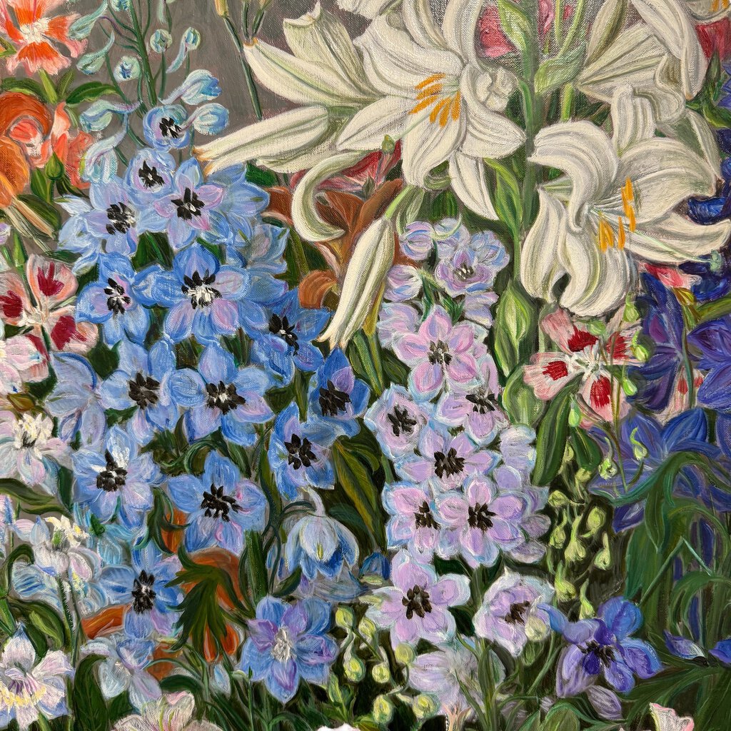 Large Still Life Floral Oil Painting by French Impressionists Marie-Monique Pochez (1926 - 2011) 46Wx59H