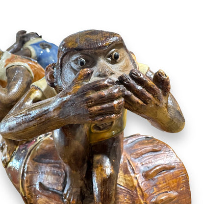 Signed "Hear No Evil, See No Evil, Speak No Evil" Monkeys Japanese Majelica Statue 13Lx7Wx7H