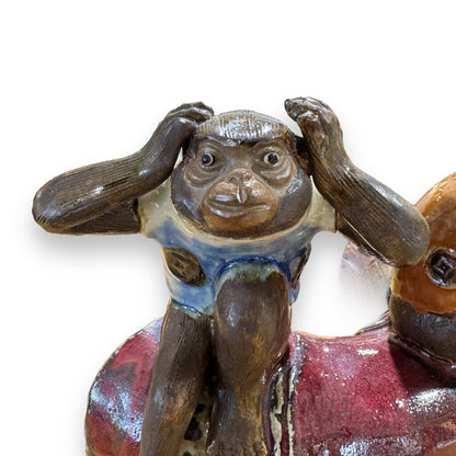 Signed "Hear No Evil, See No Evil, Speak No Evil" Monkeys Japanese Majelica Statue 13Lx7Wx7H