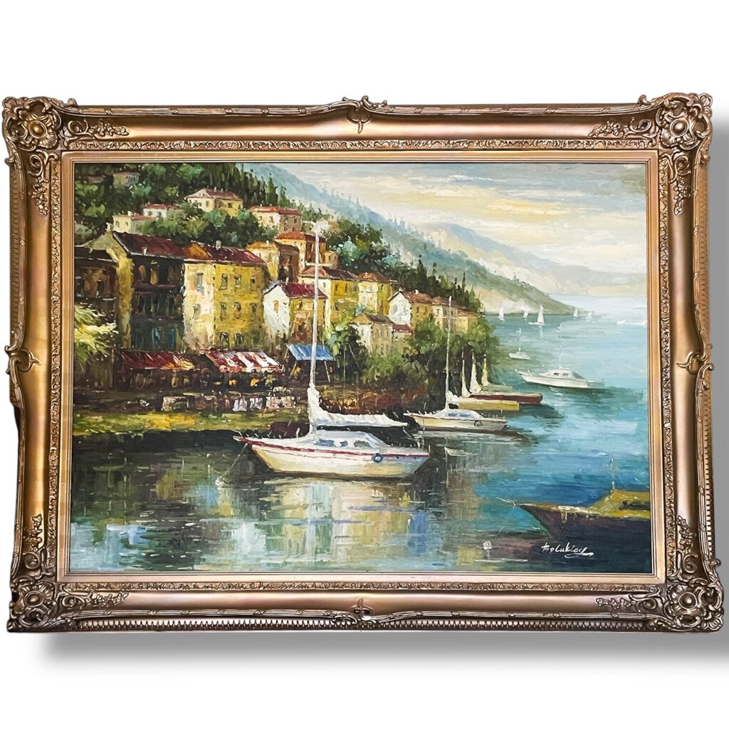 Large Signed Oil Painting of Sailboats Anchored at the Amalfi Coast in Capri, Italy. 58Lx46H w/ Ornate Wood Frame