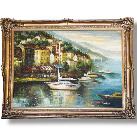 Large Signed Oil Painting of Sailboats Anchored at the Amalfi Coast in Capri, Italy. 58Lx46H w/ Ornate Wood Frame