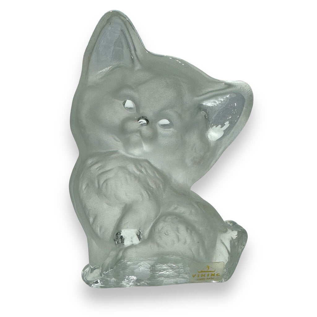 Vintage Viking Glass Frosted Kitten Figurine w/ Label 6.5" tall