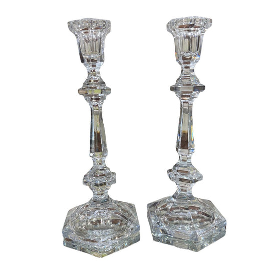 Val St. Lambert Crystal Candlestick Holders PAIR 10" tall