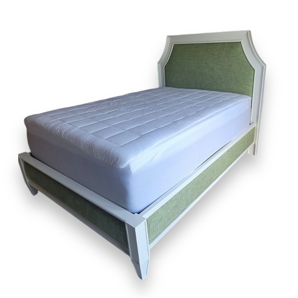 Queen White Solid Wood & Green Upholstered Bed by: Hickory Chair Co. Head/Foot/Siderails