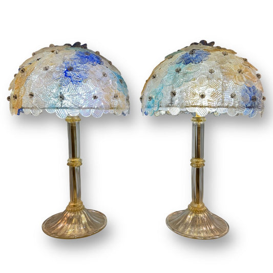 Midcentury Murano Barovier & Toso Flowers Shades, on Blown Glass Lamp Bases Infused w/ 24k Gold Fleck 11"Wx17"H (Lamps newly rewired for USA use)