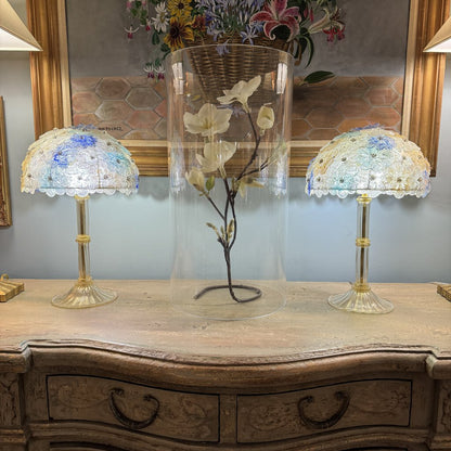 Midcentury Murano Barovier & Toso Flowers Shades, on Blown Glass Lamp Bases Infused w/ 24k Gold Fleck 11"Wx17"H (Lamps newly rewired for USA use)