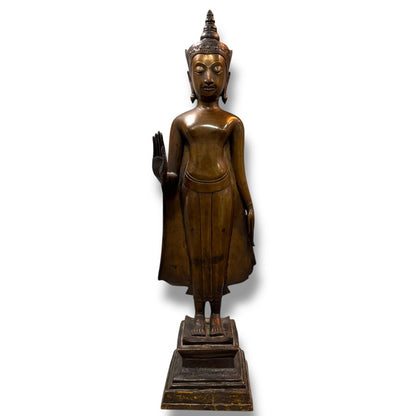 Exquisite Copper Alloy Crowned Buddha Standing on Pedestal- Thailand, Ayutthaya Period, 17th Century 22.5" tall