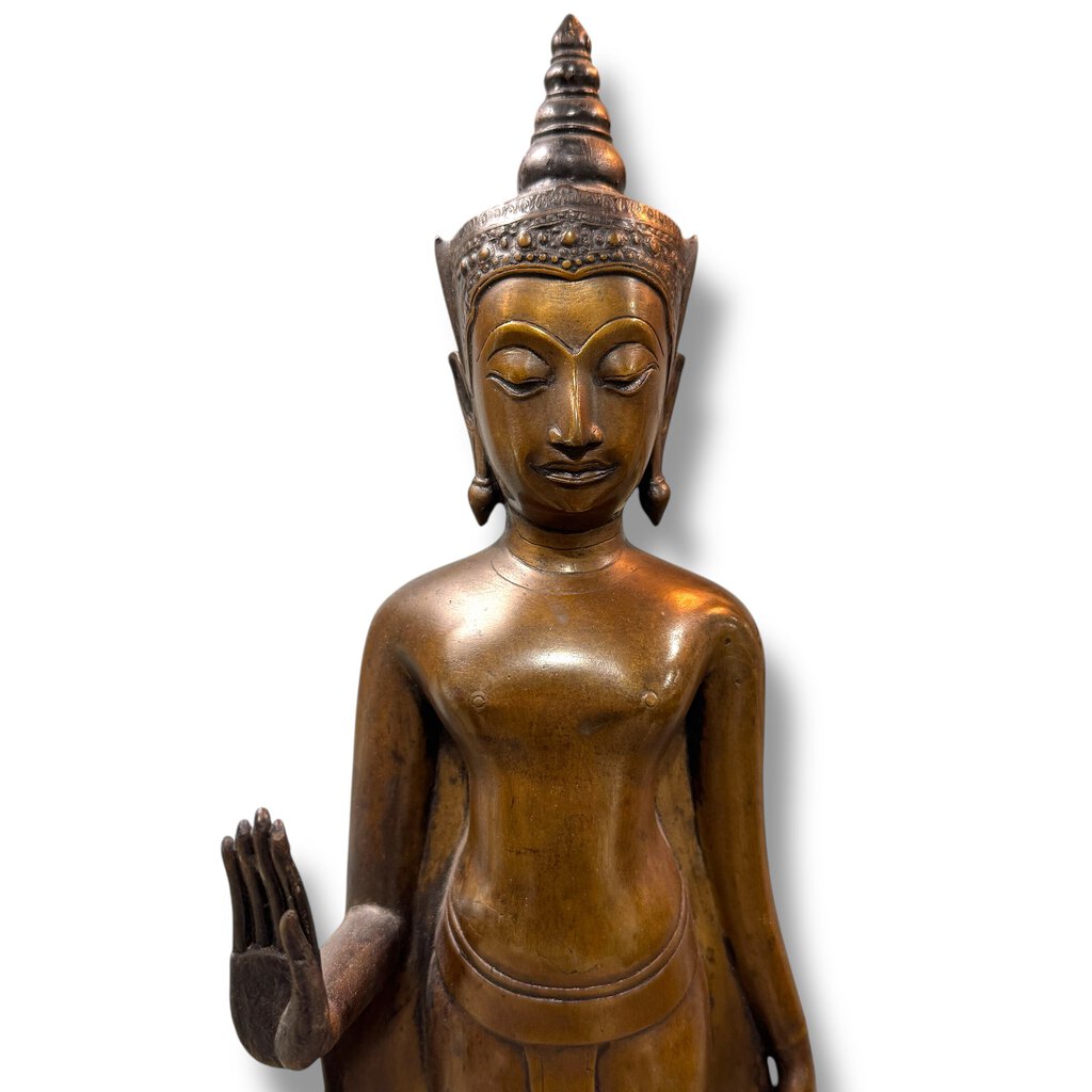 Exquisite Copper Alloy Crowned Buddha Standing on Pedestal- Thailand, Ayutthaya Period, 17th Century 22.5" tall