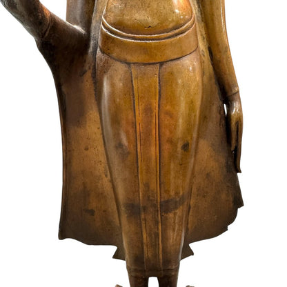 17th Century Thailand Ayutthaya Period Copper Alloy Crowned Buddha Standing on Pedestal 22.5" tall