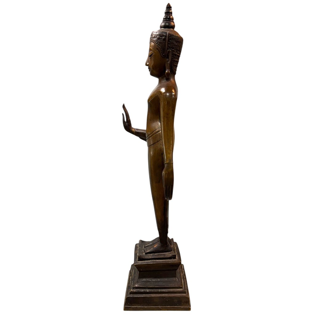 Exquisite Copper Alloy Crowned Buddha Standing on Pedestal- Thailand, Ayutthaya Period, 17th Century 22.5" tall