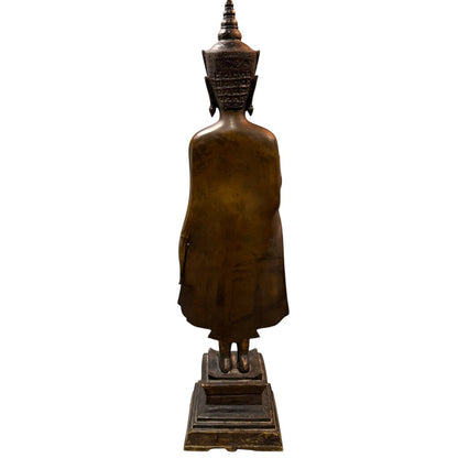 17th Century Thailand Ayutthaya Period Copper Alloy Crowned Buddha Standing on Pedestal 22.5" tall