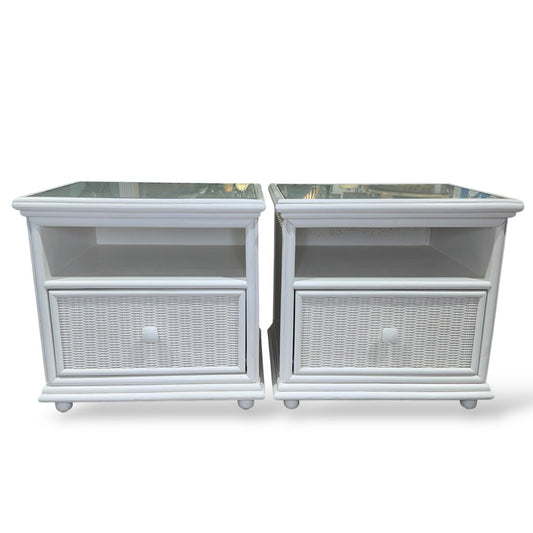 Pair of White Wood Wicker Rattan Nightstands w/ Glass Tops