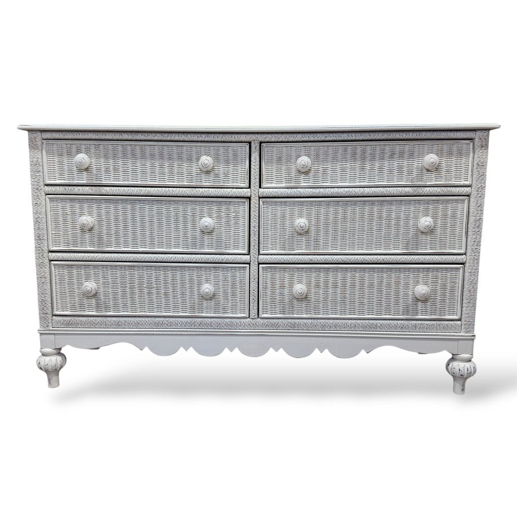 Lexington Coastal Distressed White Wood Wicker 6 Drawer Dresser & Pair of 2 Drawer Nightstands Made in USA
