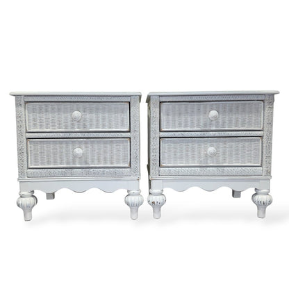 Lexington Coastal Distressed White Wood Wicker 6 Drawer Dresser & Pair of 2 Drawer Nightstands Made in USA