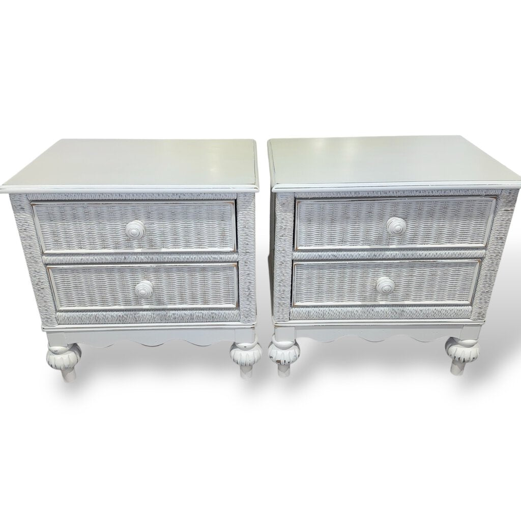 Lexington Coastal Distressed White Wood Wicker 6 Drawer Dresser & Pair of 2 Drawer Nightstands Made in USA