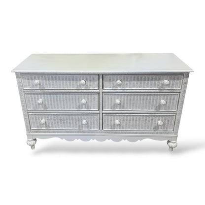 Lexington Coastal Distressed White Wood Wicker 6 Drawer Dresser & Pair of 2 Drawer Nightstands Made in USA