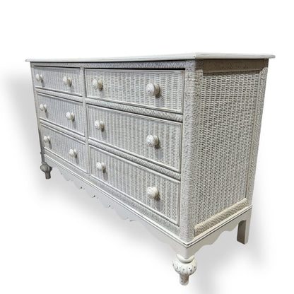 Lexington Coastal Distressed White Wood Wicker 6 Drawer Dresser & Pair of 2 Drawer Nightstands Made in USA