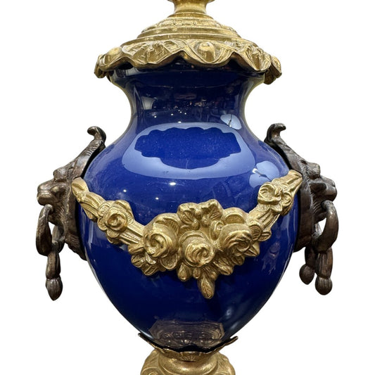 Brevettato Vintage Italian Gilt Brass & Cobalt Blue Porcelain Lamps w/ Lion Knockers 25" tall (pair)