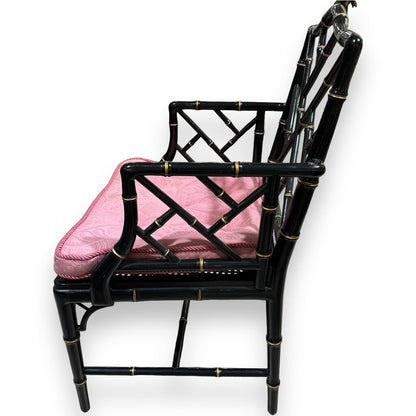 Pair of Vintage Hollywood Regency Black Chinoiserie Chippendale Style Accent Chairs w/ Upholstered Cushions on Canning